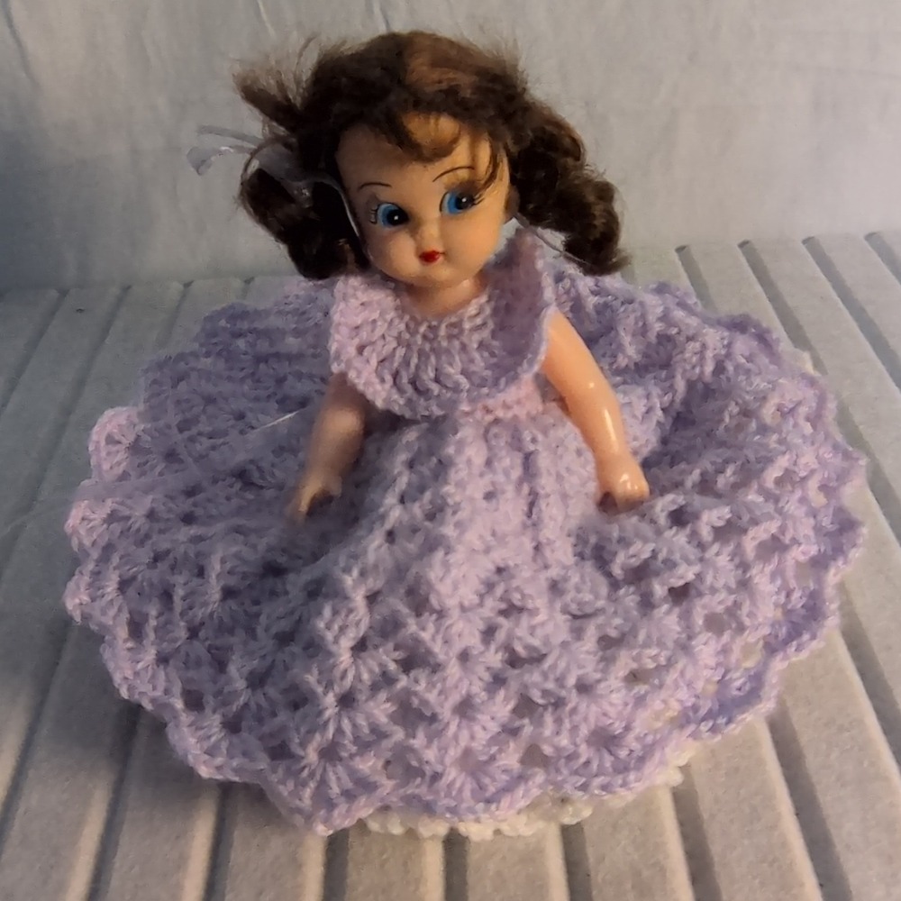 Handcrafted Doll with Purple Crocheted Dress and Brown Hair